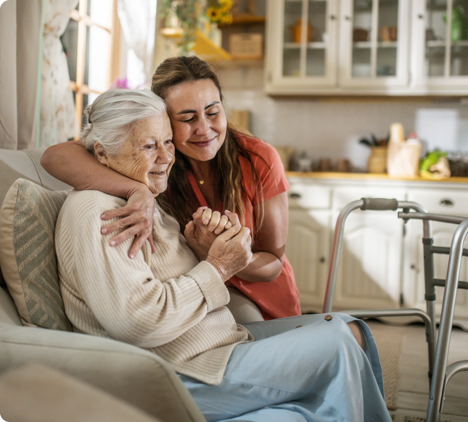 Senior woman with supportive companion at home